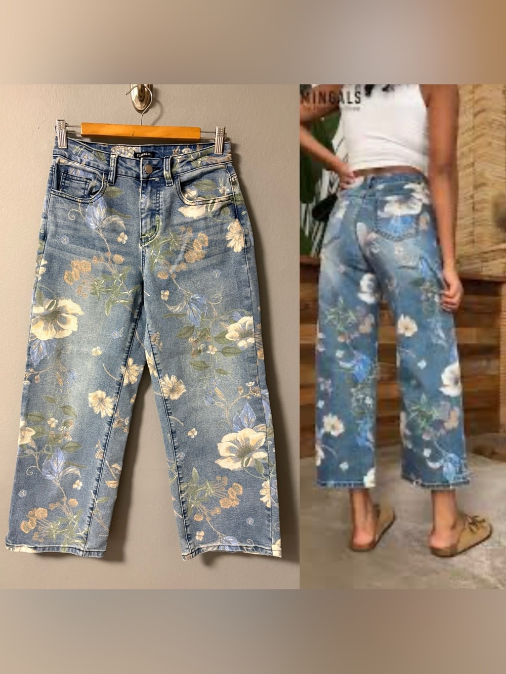 Flamingals floral print wide-leg crop jeans with a light wash. Size X-Small